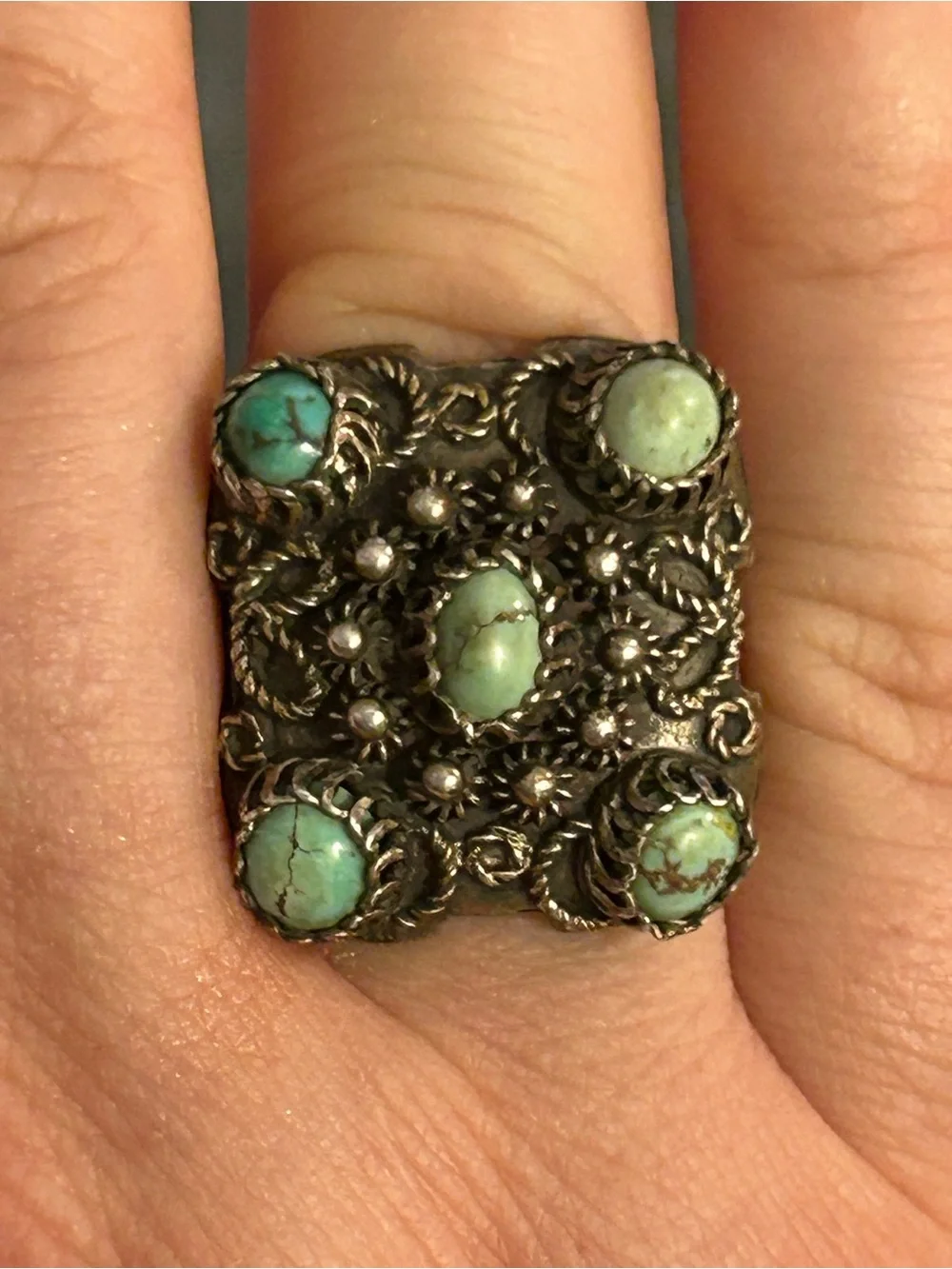 Antique Yemenite Filigree Genuine Turquoise Silver Ornate Ring